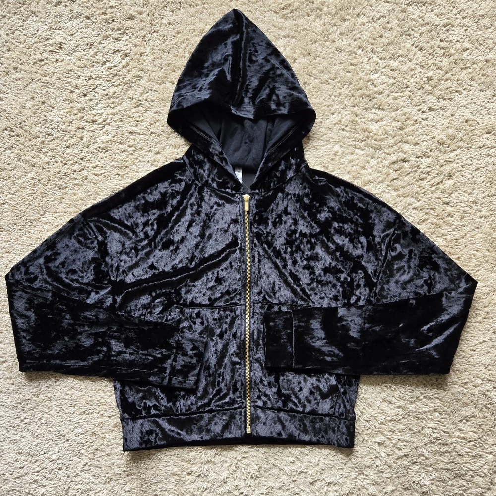 Fabletics black crushed velour zip up crop hoodie womens XXS